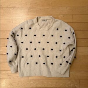 Madewell Wool Blend Crew Neck Sweater with Blue Pom Poms - Small